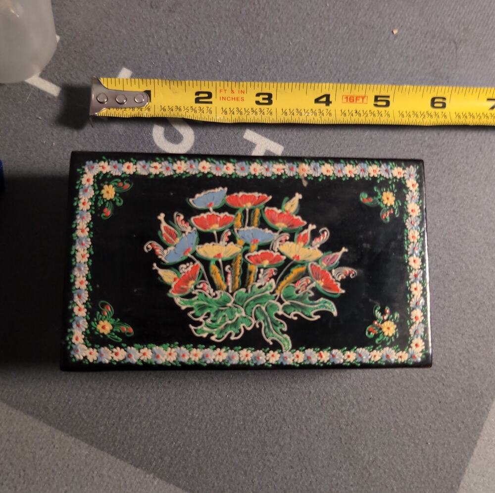 Vintage Black Lacquer Trinket Box Hand Painted Floral Jewelry Keepsake Box Folk